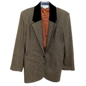 VTG Blazer Jacket Wool Herringbone Velvet Collar 90's Made in USA Dark Academia